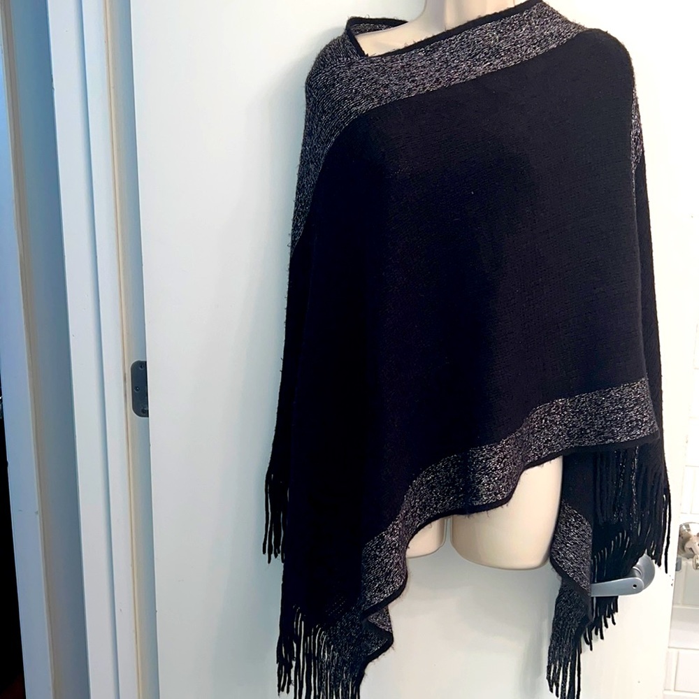 OSFM black with silver metallic and fringe poncho